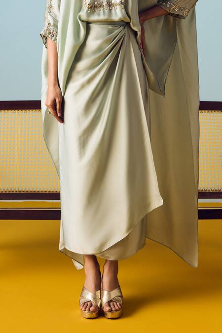 Prahnaaya_Green Satin, Silk Embroidery, Beads, Sequins Sage Hi-low Top And Wrap Skirt Set _Online_at_Aza_Fashions