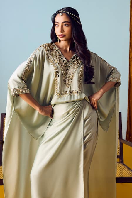 Buy_Prahnaaya_Green Satin, Silk Embroidery, Beads, Sequins Sage Hi-low Top And Wrap Skirt Set _Online_at_Aza_Fashions