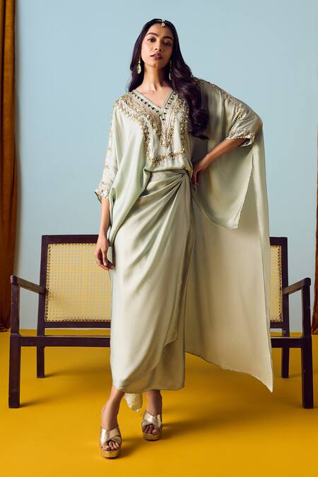 Shop_Prahnaaya_Green Satin, Silk Embroidery, Beads, Sequins Sage Hi-low Top And Wrap Skirt Set _Online_at_Aza_Fashions