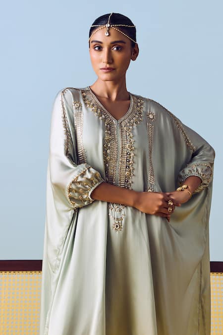 Buy_Prahnaaya_Green Satin, Silk Embroidery Round Neck Sage Kaftan Set _Online_at_Aza_Fashions