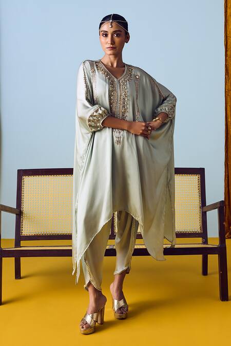 Shop_Prahnaaya_Green Satin, Silk Embroidery Round Neck Sage Kaftan Set _Online_at_Aza_Fashions