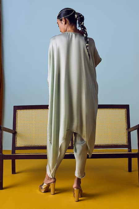 Prahnaaya Sage Green Hand-Embroidered Kaftan Set 