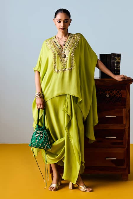 Prahnaaya Yellow Satin, Silk Embroidery Round Neck Sublime Neon Anti-fit Tunic Set 