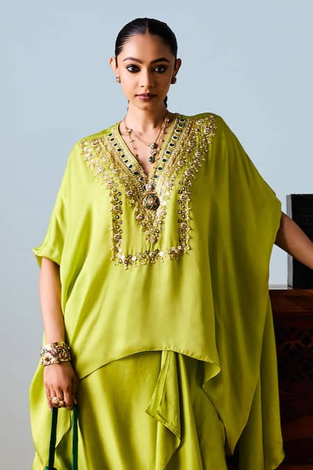 Prahnaaya_Yellow Satin, Silk Embroidery Round Neck Sublime Neon Anti-fit Tunic Set _Online_at_Aza_Fashions