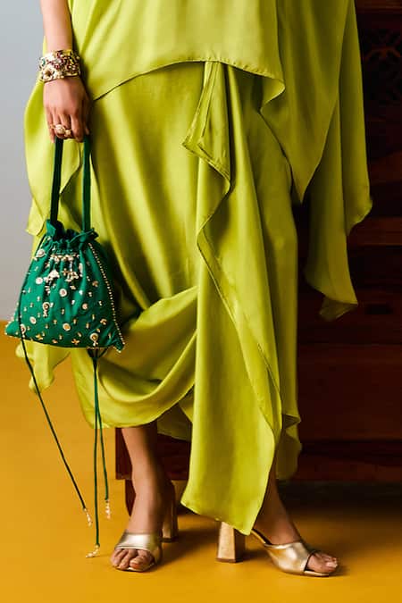 Buy_Prahnaaya_Yellow Satin, Silk Embroidery Round Neck Sublime Neon Anti-fit Tunic Set _Online_at_Aza_Fashions