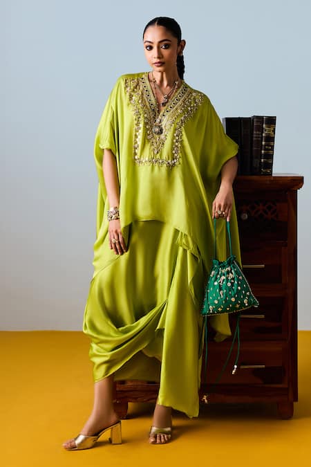 Shop_Prahnaaya_Yellow Satin, Silk Embroidery Round Neck Sublime Neon Anti-fit Tunic Set _Online_at_Aza_Fashions