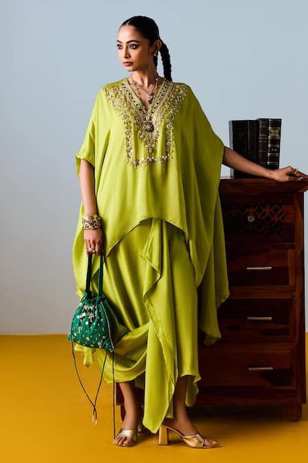 Prahnaaya_Yellow Satin, Silk Embroidery Round Neck Sublime Neon Anti-fit Tunic Set _at_Aza_Fashions
