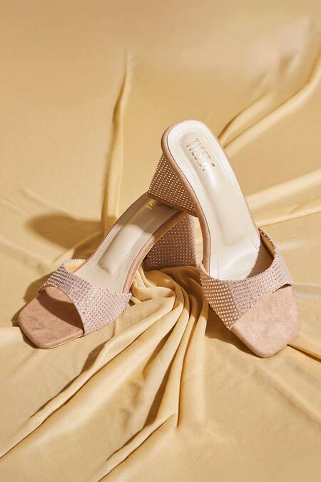 Tiesta Beige Studs Diamond Stone Embellished Block Heels at Aza Fashions Tiesta_Beige Studs Diamond Stone Embellished Block Heels _at_Aza_Fashions