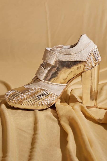 Shop_Tiesta_Gold Pearls Poppy Block Festive Sneaker Boots _Online_at_Aza_Fashions
