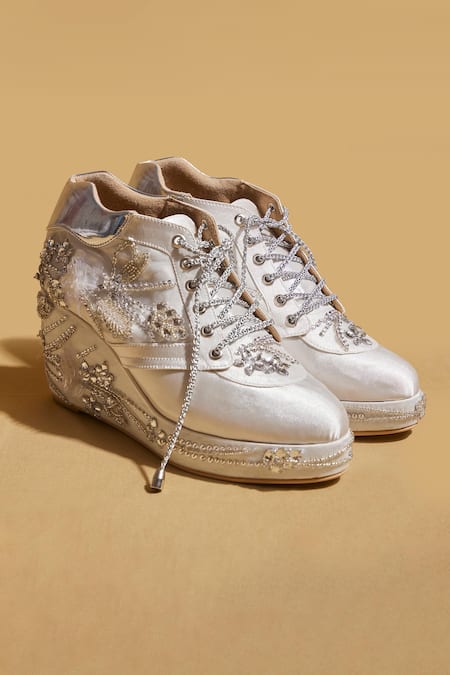 Tiesta Designer White Diamond Stone Wedge Sneakers