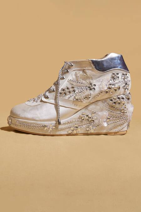 Tiesta White Designer Diamond Stone Wedge Sneakers Online at Aza Fashions Tiesta_White Designer Diamond Stone Wedge Sneakers _Online_at_Aza_Fashions