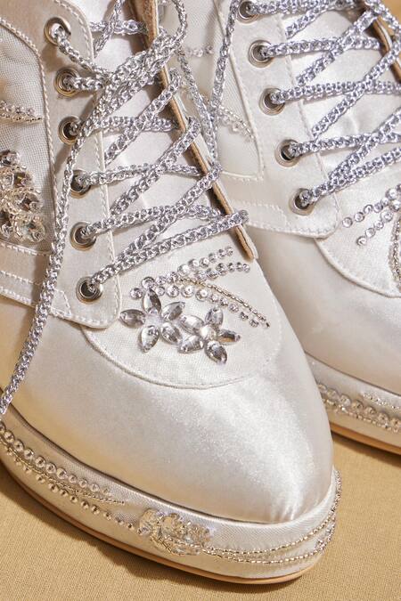 Shop Tiesta White Designer Diamond Stone Wedge Sneakers Online at Aza Fashions Shop_Tiesta_White Designer Diamond Stone Wedge Sneakers _Online_at_Aza_Fashions