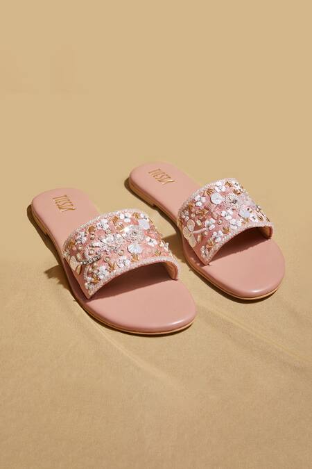 Shop_Tiesta_Pink Gold Embroidered Sliders _at_Aza_Fashions