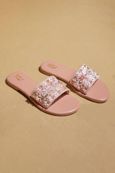 Tiesta_Pink Gold Embroidered Sliders _Online_at_Aza_Fashions