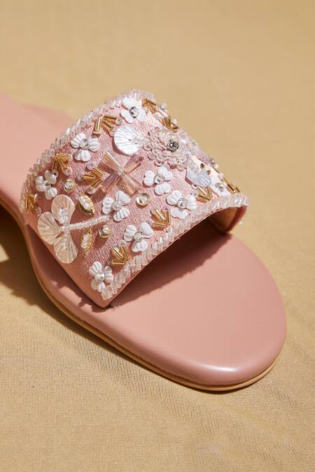 Buy_Tiesta_Pink Gold Embroidered Sliders _Online_at_Aza_Fashions