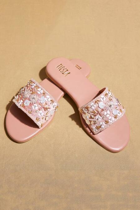 Shop_Tiesta_Pink Gold Embroidered Sliders _Online_at_Aza_Fashions