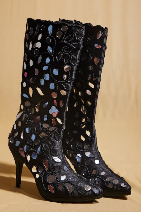 Tiesta Black Mirrors Embroidered Calf-length Boots 