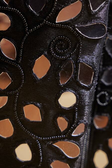 Tiesta_Black Mirrors Embroidered Calf-length Boots _Online_at_Aza_Fashions