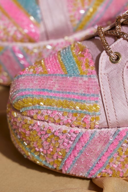 Tiesta_Pink Neon Beaded Sneaker Wedges _Online_at_Aza_Fashions