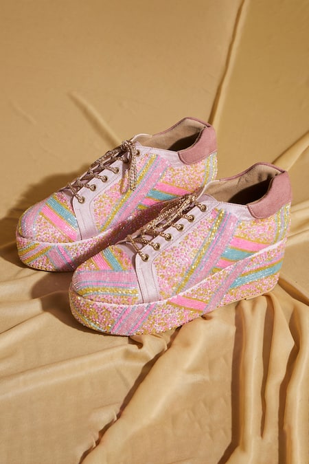 Tiesta Neon Pink Beaded Sneaker Wedges 