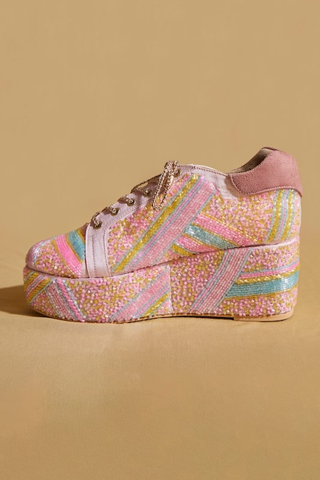 Buy_Tiesta_Pink Neon Beaded Sneaker Wedges _Online_at_Aza_Fashions