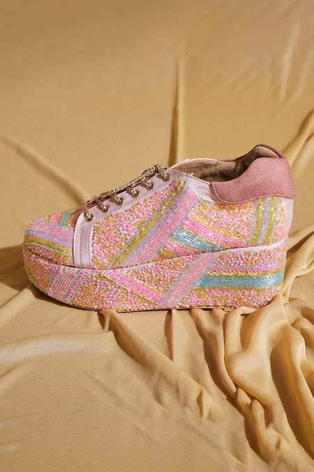 Shop_Tiesta_Pink Neon Beaded Sneaker Wedges _Online_at_Aza_Fashions