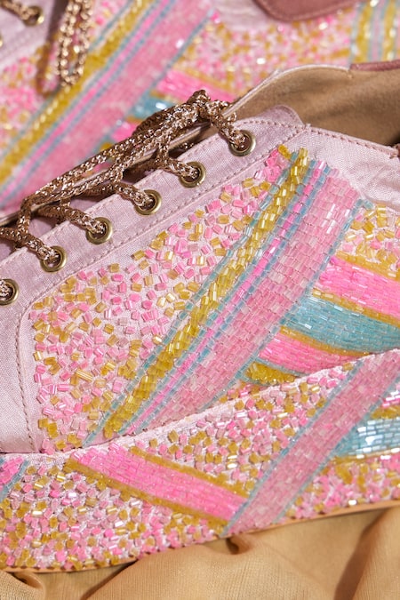 Tiesta_Pink Neon Beaded Sneaker Wedges _at_Aza_Fashions