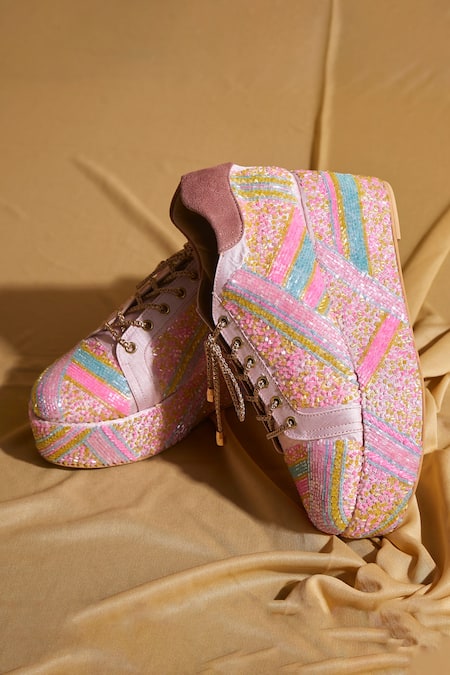 Shop_Tiesta_Pink Neon Beaded Sneaker Wedges 