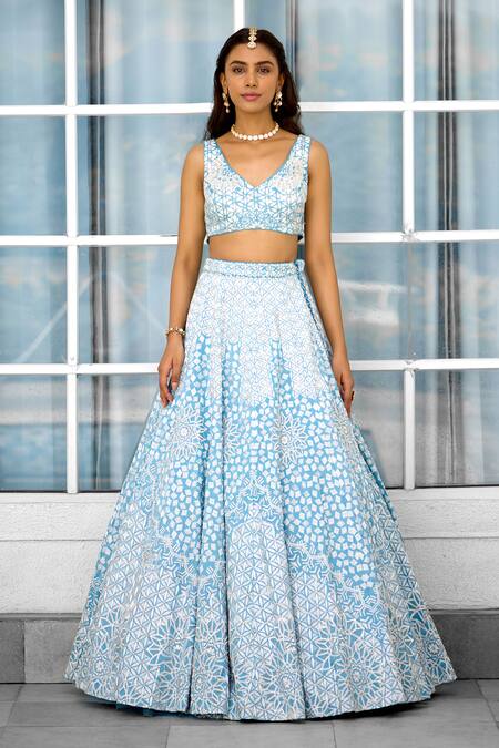 SHASHA GABA Blue Tissue Embroidery V-neck Embellished Lehenga Set Online at Aza Fashions SHASHA GABA_Blue Tissue Embroidery V-neck Embellished Lehenga Set _Online_at_Aza_Fashions