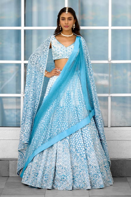 SHASHA GABA Blue Tissue Embroidery V-neck Embellished Lehenga Set 