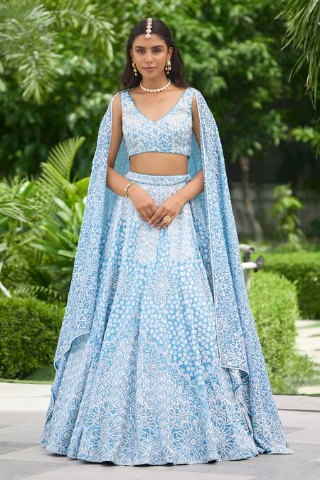 SHASHA GABA Blue Tissue Embroidery V-neck Embellished Lehenga Set at Aza Fashions SHASHA GABA_Blue Tissue Embroidery V-neck Embellished Lehenga Set _at_Aza_Fashions