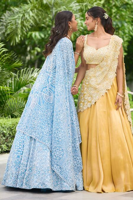 Buy SHASHA GABA Blue Tissue Embroidery V-neck Embellished Lehenga Set Buy_SHASHA GABA_Blue Tissue Embroidery V-neck Embellished Lehenga Set