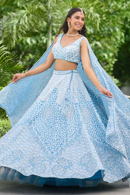Shop SHASHA GABA Blue Tissue Embroidery V-neck Embellished Lehenga Set Shop_SHASHA GABA_Blue Tissue Embroidery V-neck Embellished Lehenga Set