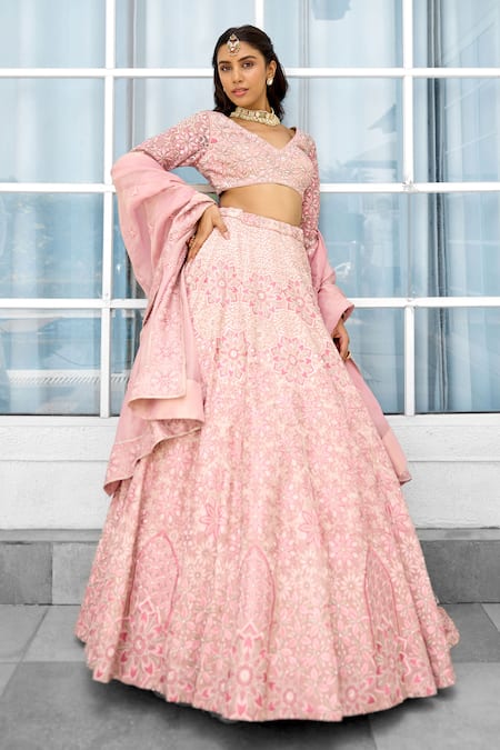SHASHA GABA Pink Tissue Sequins, Embroidery V-neck Blush Blossom Embellished Lehenga Set Online at Aza Fashions SHASHA GABA_Pink Tissue Sequins, Embroidery V-neck Blush Blossom Embellished Lehenga Set _Online_at_Aza_Fashions