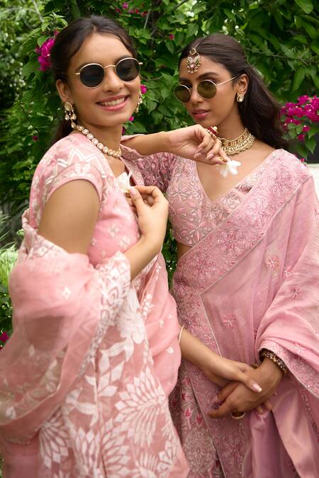 Buy SHASHA GABA Pink Tissue Sequins, Embroidery V-neck Blush Blossom Embellished Lehenga Set Online at Aza Fashions Buy_SHASHA GABA_Pink Tissue Sequins, Embroidery V-neck Blush Blossom Embellished Lehenga Set _Online_at_Aza_Fashions