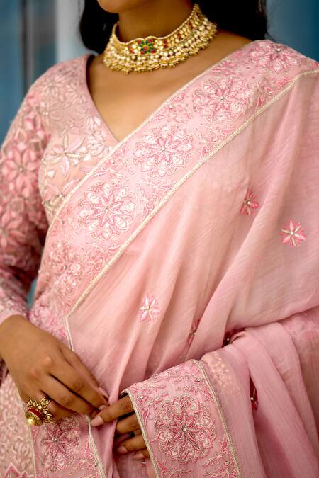 Shop_SHASHA GABA_Pink Tissue Sequins, Embroidery V-neck Blush Blossom Embellished Lehenga Set _Online_at_Aza_Fashions