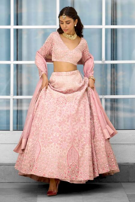 SHASHA GABA_Pink Tissue Sequins, Embroidery V-neck Blush Blossom Embellished Lehenga Set _at_Aza_Fashions