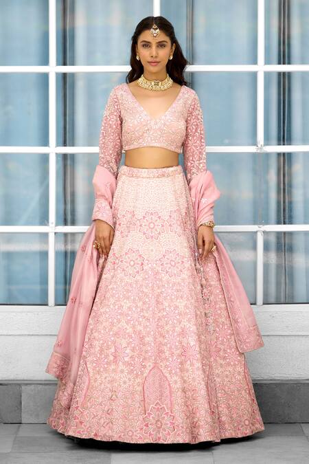 Buy_SHASHA GABA_Pink Tissue Sequins, Embroidery V-neck Blush Blossom Embellished Lehenga Set 