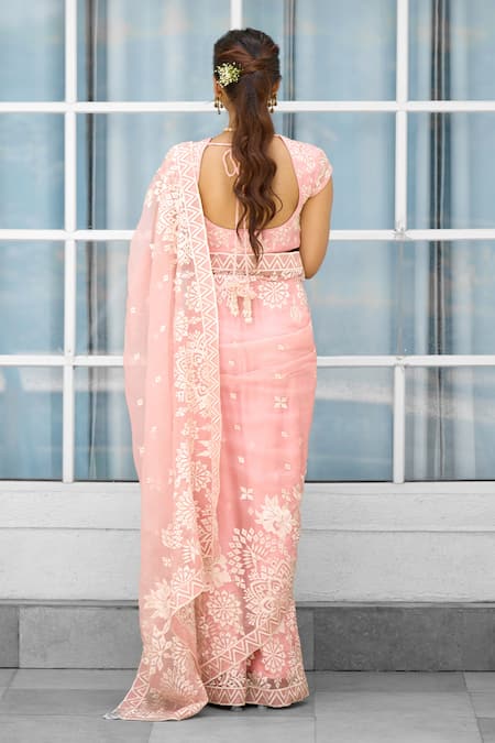 SHASHA GABA Hand Embellished Pink Saree Set 