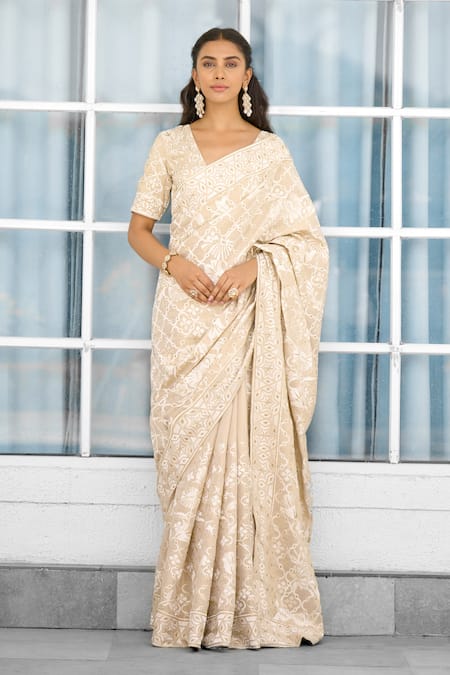 SHASHA GABA_Gold Tissue Embroidery V-neck Honey Drop Hand Embellished Saree Set _Online_at_Aza_Fashions