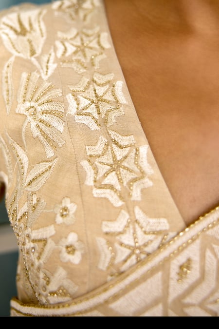 Buy_SHASHA GABA_Gold Tissue Embroidery V-neck Honey Drop Hand Embellished Saree Set _Online_at_Aza_Fashions