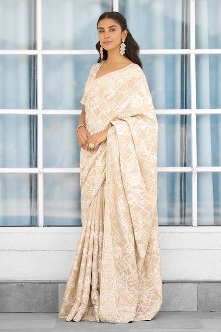 SHASHA GABA_Gold Tissue Embroidery V-neck Honey Drop Hand Embellished Saree Set _at_Aza_Fashions