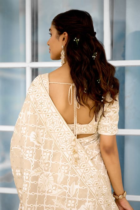 Shop_SHASHA GABA_Gold Tissue Embroidery V-neck Honey Drop Hand Embellished Saree Set 