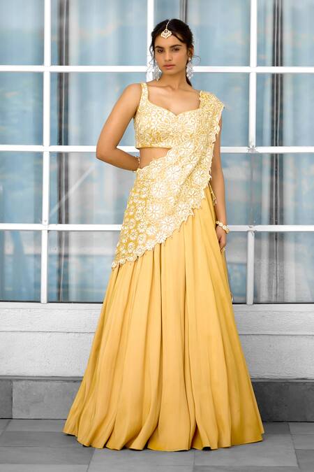 SHASHA GABA Yellow Tissue Embroidery Round Neck Hand Embellished Lehenga Saree Set Online at Aza Fashions SHASHA GABA_Yellow Tissue Embroidery Round Neck Hand Embellished Lehenga Saree Set _Online_at_Aza_Fashions