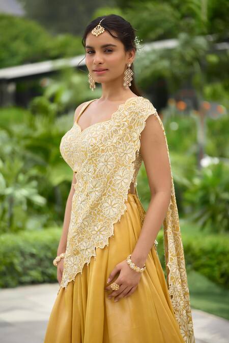 Buy SHASHA GABA Yellow Tissue Embroidery Round Neck Hand Embellished Lehenga Saree Set Online at Aza Fashions Buy_SHASHA GABA_Yellow Tissue Embroidery Round Neck Hand Embellished Lehenga Saree Set _Online_at_Aza_Fashions