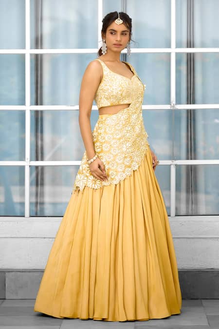 Shop SHASHA GABA Yellow Tissue Embroidery Round Neck Hand Embellished Lehenga Saree Set Online at Aza Fashions Shop_SHASHA GABA_Yellow Tissue Embroidery Round Neck Hand Embellished Lehenga Saree Set _Online_at_Aza_Fashions