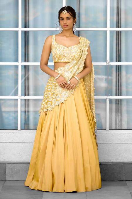 Buy SHASHA GABA Yellow Tissue Embroidery Round Neck Hand Embellished Lehenga Saree Set Buy_SHASHA GABA_Yellow Tissue Embroidery Round Neck Hand Embellished Lehenga Saree Set