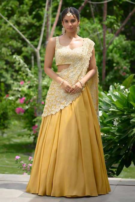 SHASHA GABA Yellow Tissue Embroidery Round Neck Hand Embellished Lehenga Saree Set 