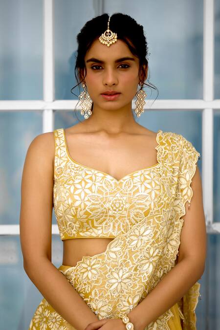Shop SHASHA GABA Yellow Tissue Embroidery Round Neck Hand Embellished Lehenga Saree Set Shop_SHASHA GABA_Yellow Tissue Embroidery Round Neck Hand Embellished Lehenga Saree Set