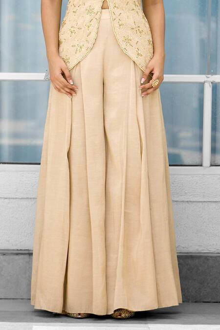 SHASHA GABA_Gold Tissue Embroidery V-neck Hand Embellished Jacket Sharara Set _Online_at_Aza_Fashions